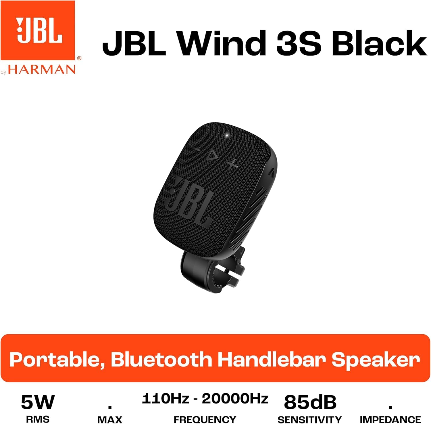 JBL Wind 3S Black altoparlante Bluetooth portatile, 5 W RMS, 84 dB, 110 Hz–20 kHz, driver 1,75", IP67, batteria 1050 mAh, Bluetooth 5.0, USB-C, supporto manubrio, outdoor