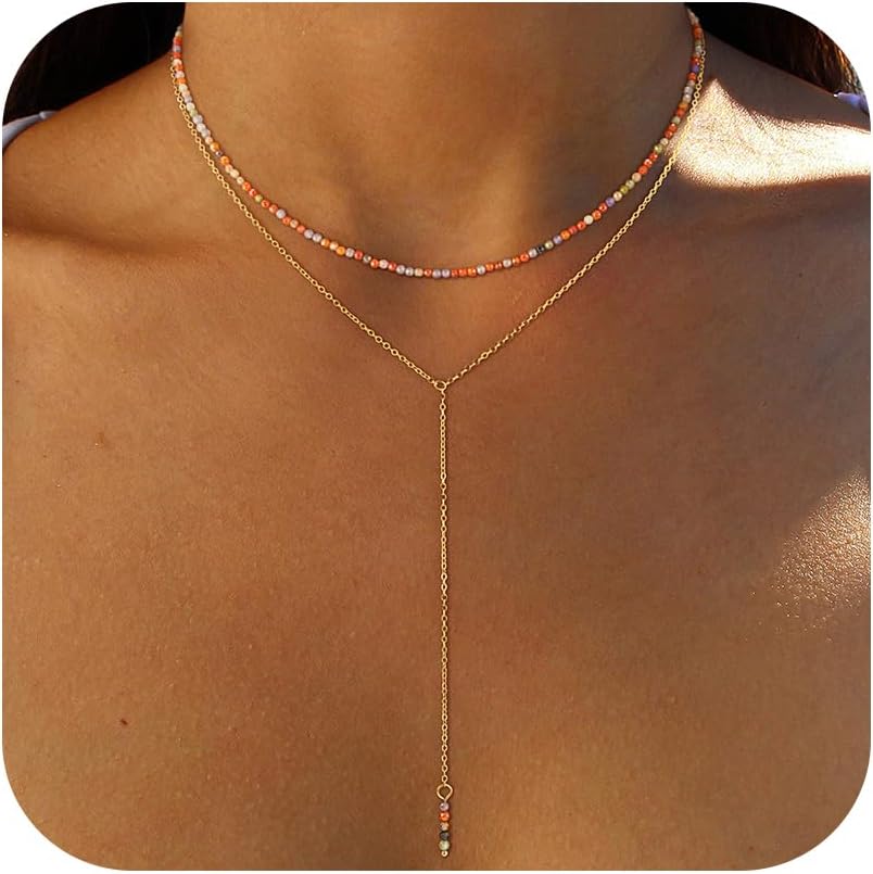 Colorful Beaded Necklaces for Women - 14K Gold Plated Y-Shaped Layered Necklaces for Women, Boho Jewelry Gifts for Teens