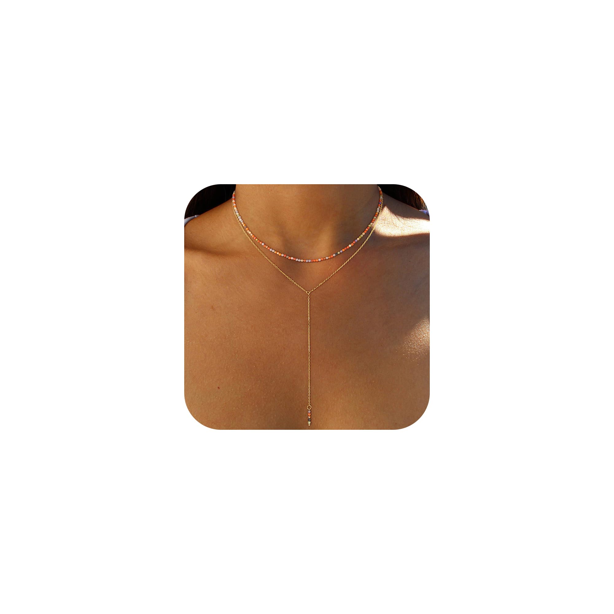 Colorful Beaded Necklaces for Women - 14K Gold Plated Y-Shaped Layered Necklaces for Women, Boho Jewelry Gifts for Teens