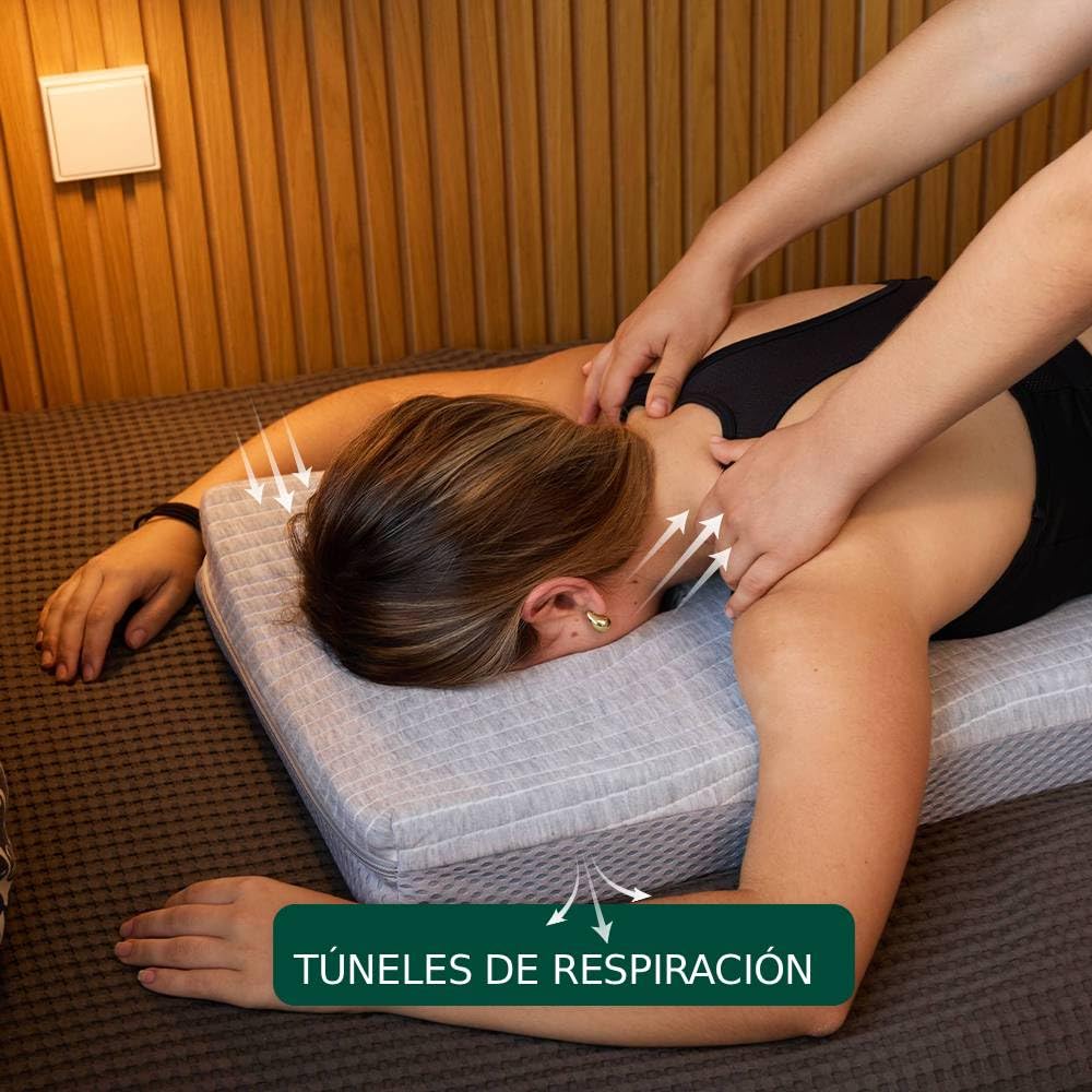 Colchón de Masaje Cervical, Espalda y Lumbar con Hueco Facial ergonómico – Respira Boca Abajo – Espuma Firme, Funda Lavable – Incluye Aceite Masaje 100 ml