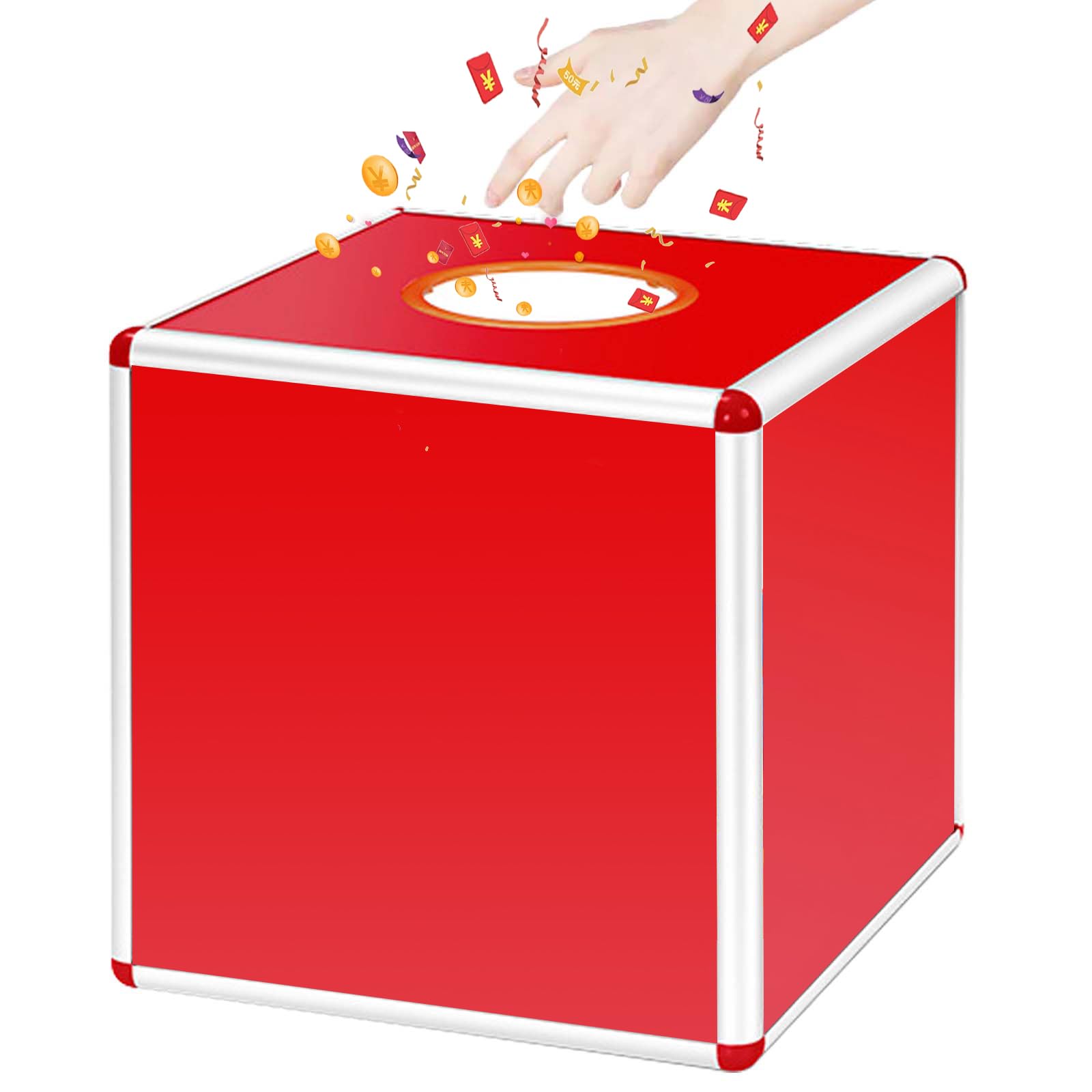 Boîte à tombola transparente de loterie, 25 cm, avec alliage d'aluminium, carrée, boîte de rangement pour collecte de fonds (rouge)