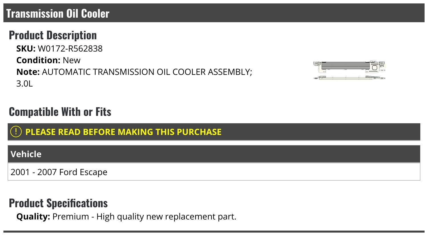 Marketplace Auto Parts Automatic Transmission Oil Cooler Assembly - Compatible with 2001-2007 Ford Escape
