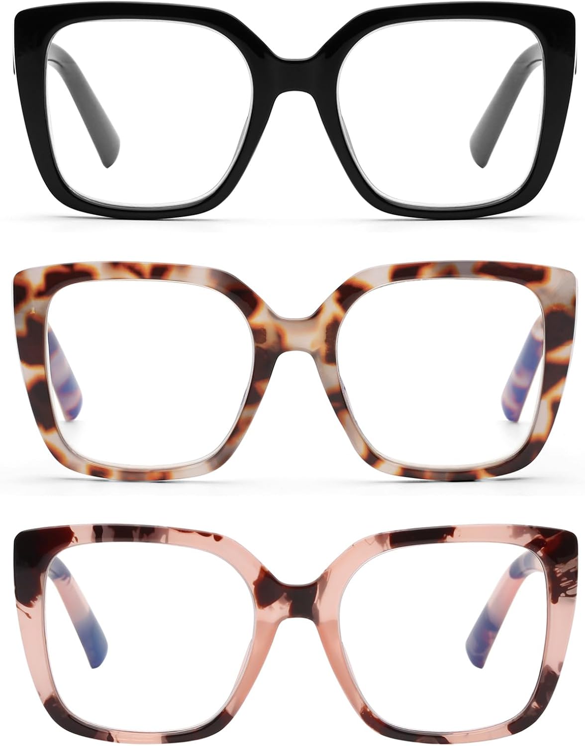 DOOViC 3 Pack Oversized Reading Glasses for Women Blue Light Blocking Square Stylish Computer Readers 3 Colors-s3 2.0 x