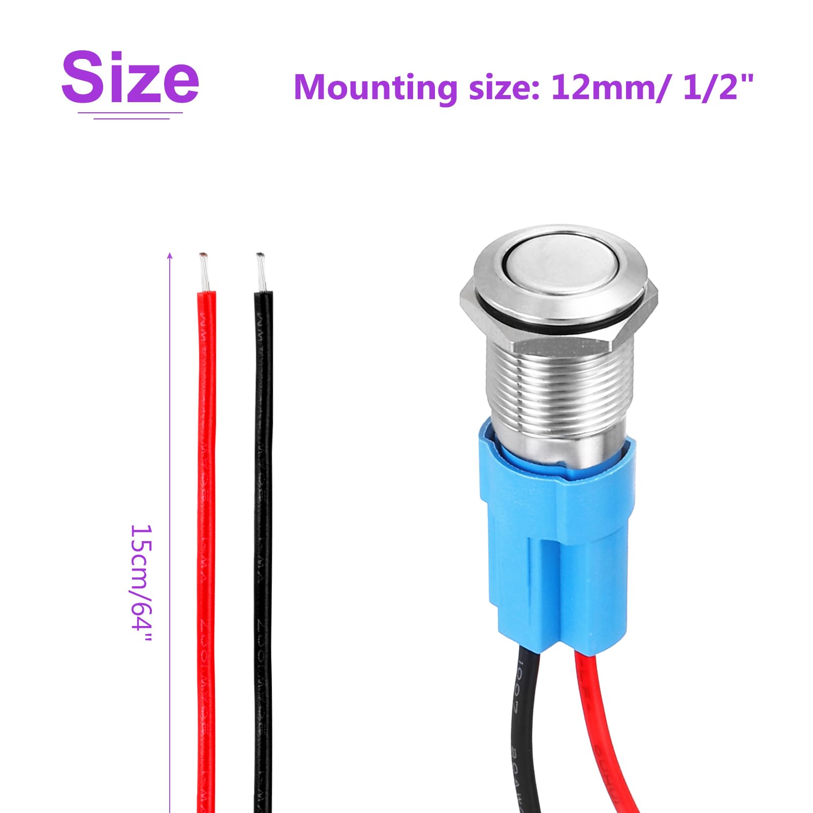 DMiotech 1/2 Inch Stainless Steel Momentary Push Button Switch Domed Head 3A 0-250V Silver Shell with Pre-soldered 1NO, 5Pcs - Image 4