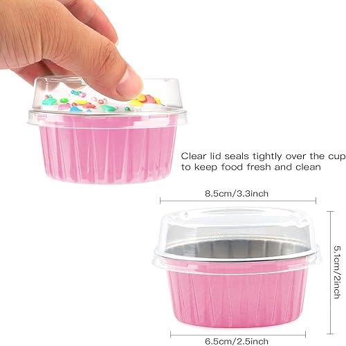 Miniatura 28 de Paquete de 50 tazas para hornear con tapas, papel de aluminio de 5 onzas, moldes de papel de aluminio para magdalenas, moldes de papel de aluminio
