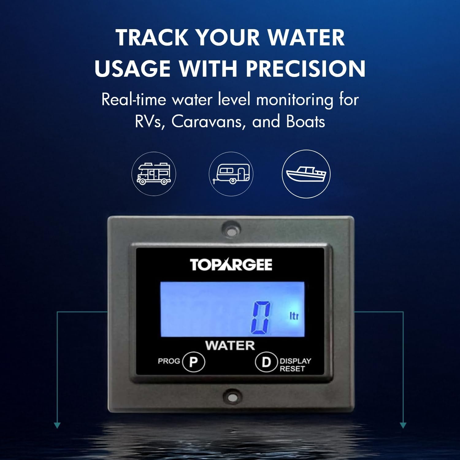 Topargee Flush Mount Water Tank Gauge - Real-Time RV, Caravan & Boat Accessory Water Level Monitor - Accurate Flow Meter (Liter/Gallon) - Backlit LCD Display - Easy Install, No Tank Insertion Required