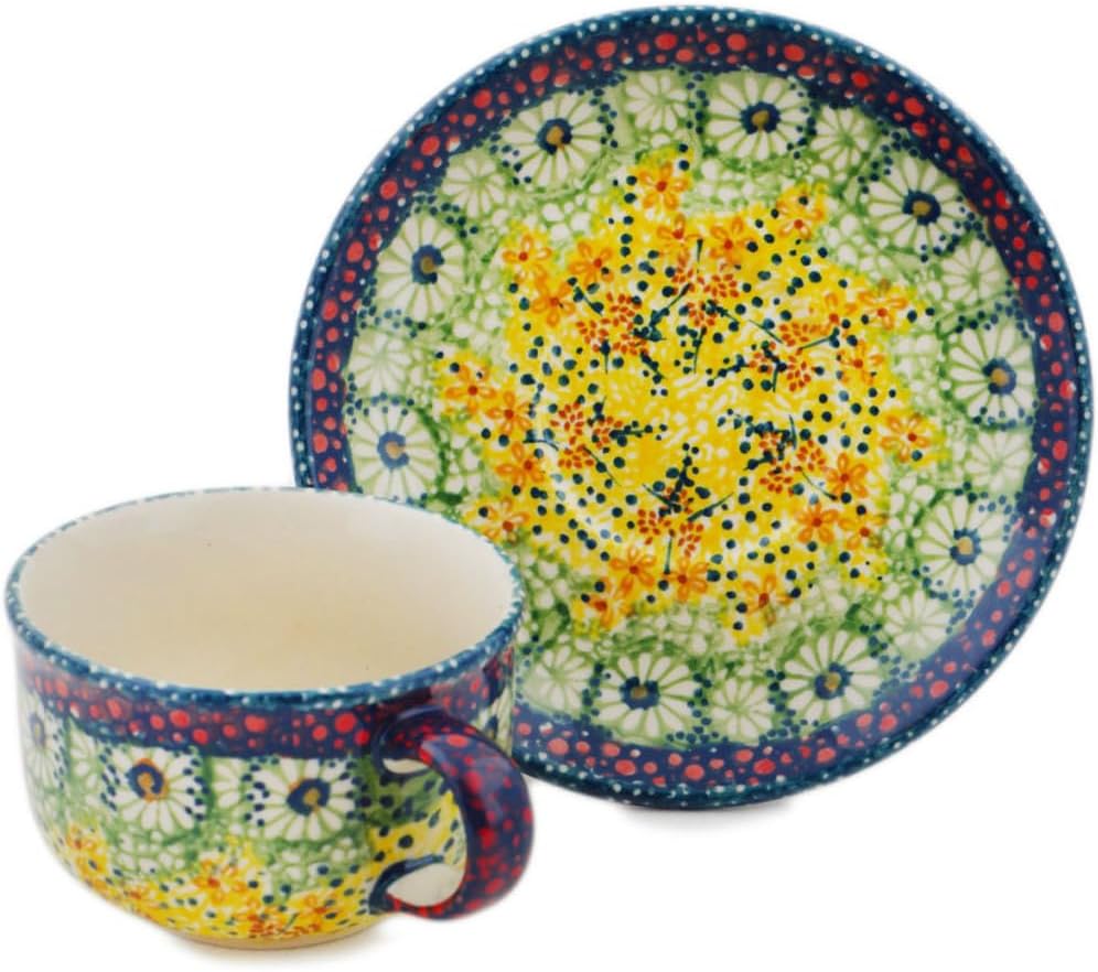 Polmedia Polish Pottery Cup with Saucer UNIKAT - Sunshine Grotto Pattern Handmade in Boleslawiec Poland + Certificate of Authenticity