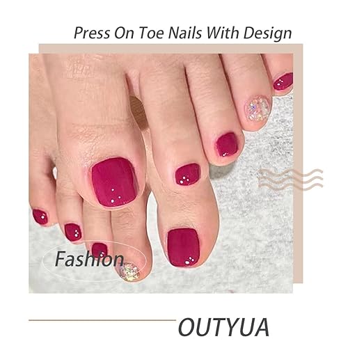 Miniatura 10 de Outyua Uñas postizas cuadradas y brillantes, uñas postizas cortas a presión, lindas uñas postizas sólidas para pies de verano, uñas postizas con