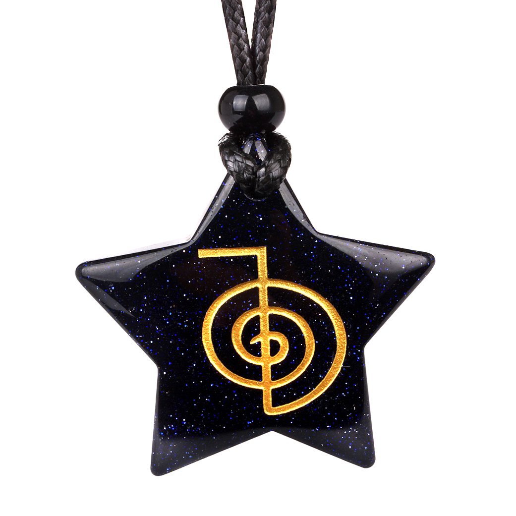Magical Super Star Choku Rei Reiki Powers Amulet Blue Goldstone Lucky Charm Pendant Adjus…