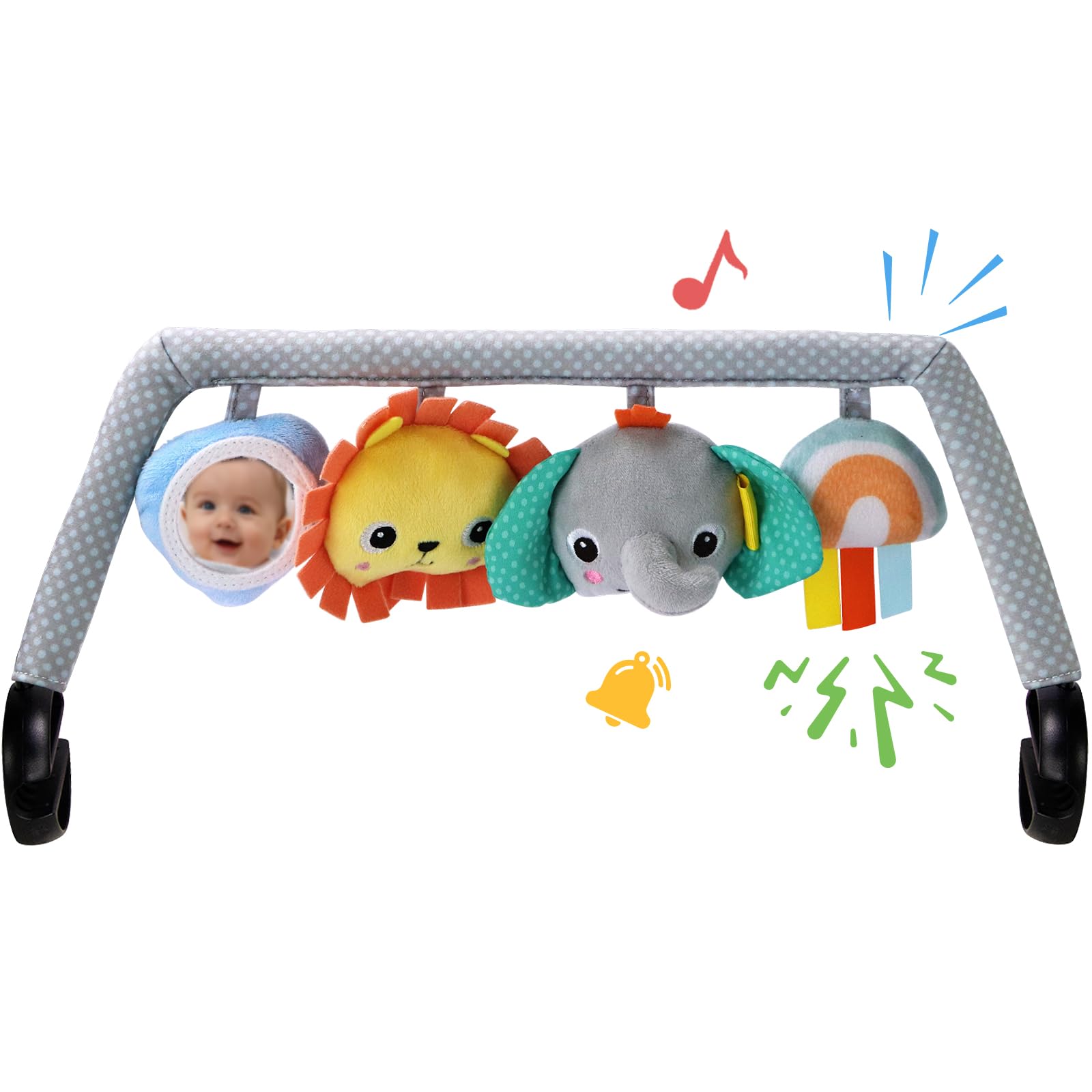 TinlyFinly Baby Bouncer Toy Bar Soft with 4 Hanging Sensory Toys Attachment, Compatible with Baby Bjorn Bouncer, with Mirror, Rattle, Crinkle Sound for Babies All Ages (Colorful Animals) - 2