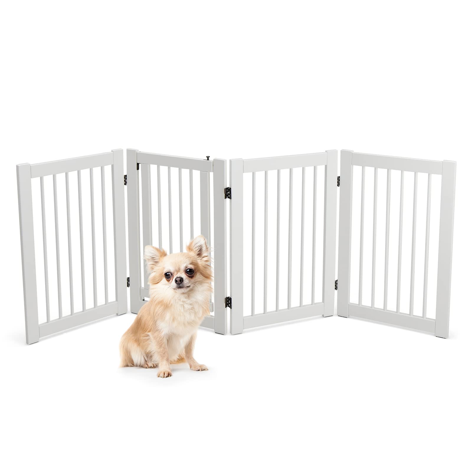 PETSITE Indoor Dog Gate with Walk Through Door, 30 x 80 inch Freestanding 4-Panel White Wooden Pet Gate, Foldable Indoor Dog Puppy Fence for Doorway