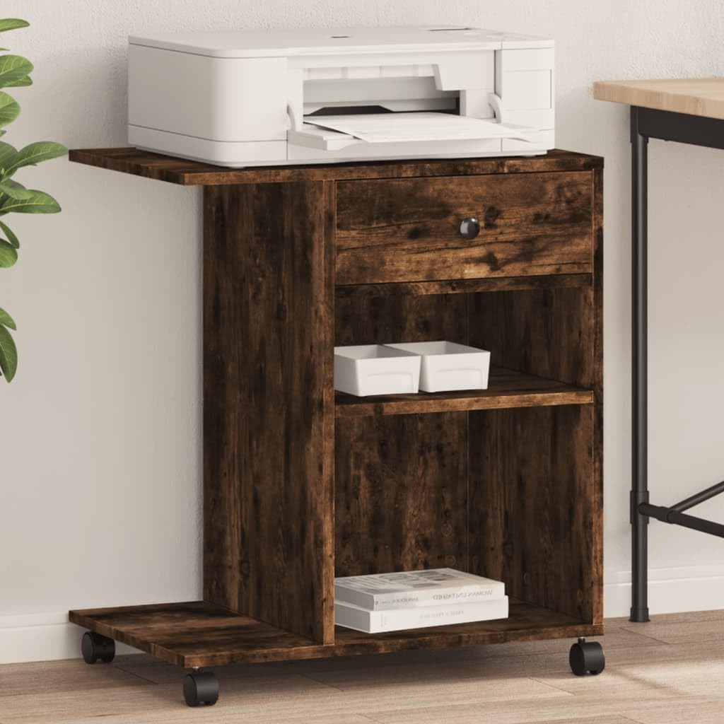 Stojak na drukarkę z rolkami dąb wędzony materiał drewnopochodny 60 x 40 x 68,5 cm z 4 kółkami i hamulcami, wielofunkcyjny stół do drukarki, do biura, biura domowego, przechowywania i
