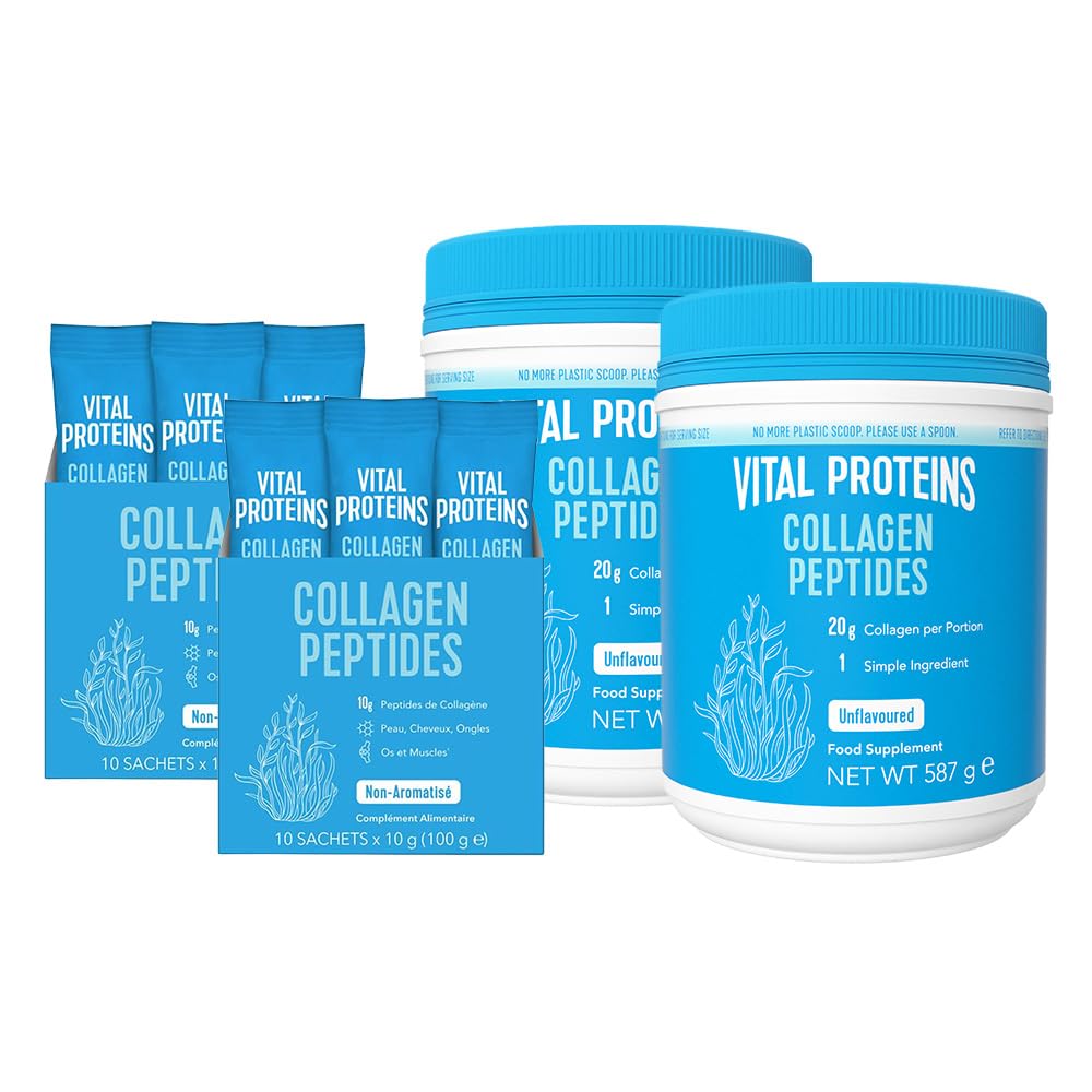 Vital Proteins Collagen Peptides - Pack Découverte - 587 g & Sticks | Collagen Peptides 587g, format voyage 100g, non aromatisé, collagène hydrolysé Type I & III