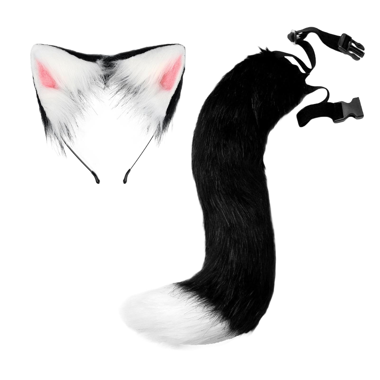 Kreeqe Enchanting Fluffy Faux Fox Tail Cat Ears Halloween Headband Accessories Set Adult Cosplay Costume Party(black-white,M)