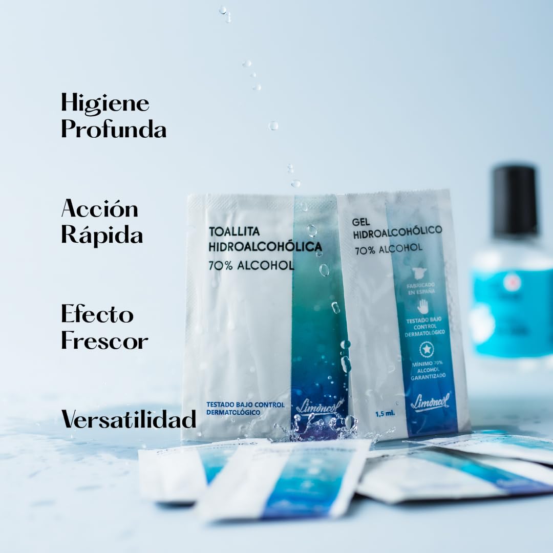 Toallitas Hidroalcohólicas Monodosis para Manos y Piel Sana, Alcohol Denat 70–72% con Glicerina, Higiene sin Aclarado, Formato Bolsillo, 100 Unidades