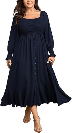 CICIDUDU Plus Size Smocked Casual Maxi Dress for Curvy Women Long Sleeve Sweetheart Neckline Fall Dresses Button Down