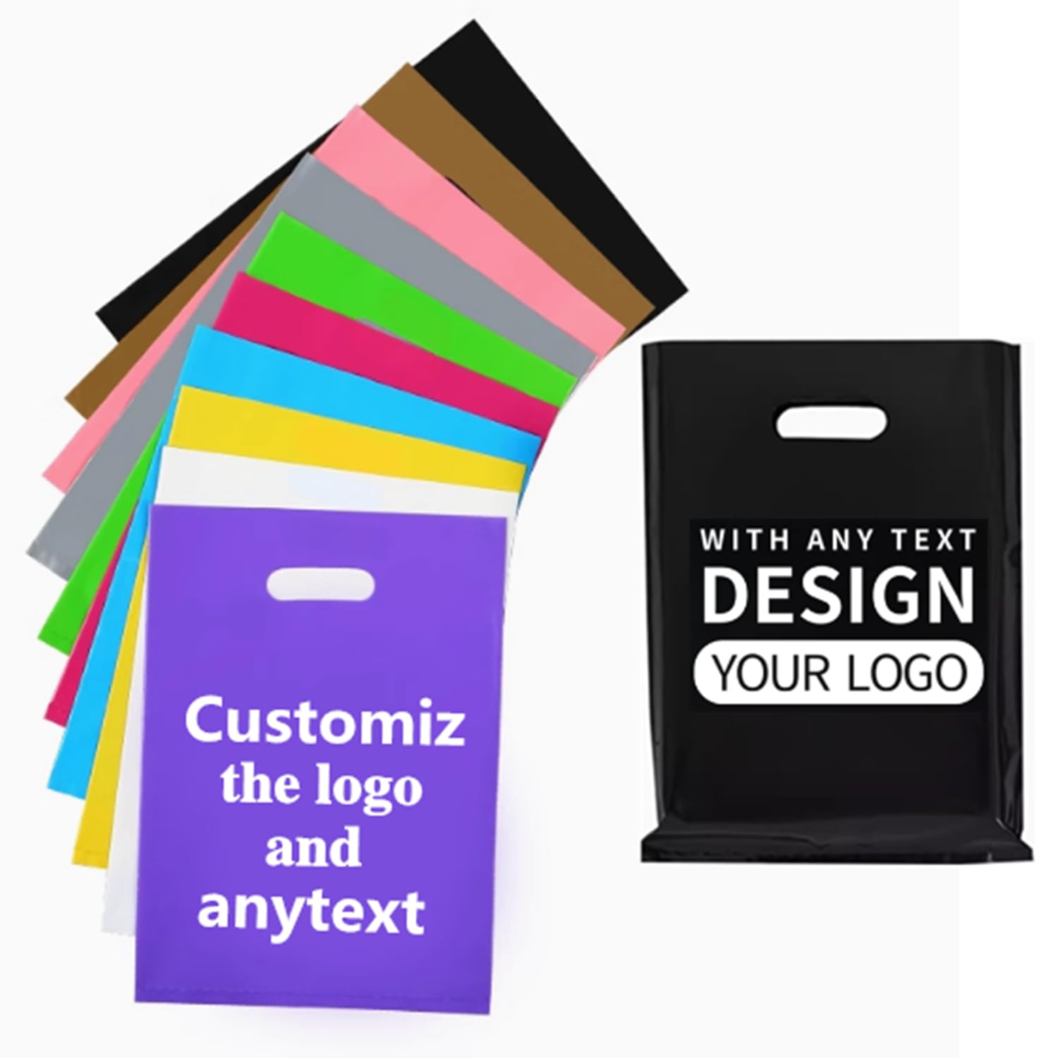 100 Affordable custom plastic bags with logo custom die cut handle bags for clothing stores, boutiques, retailers, trade shows and small businesses,