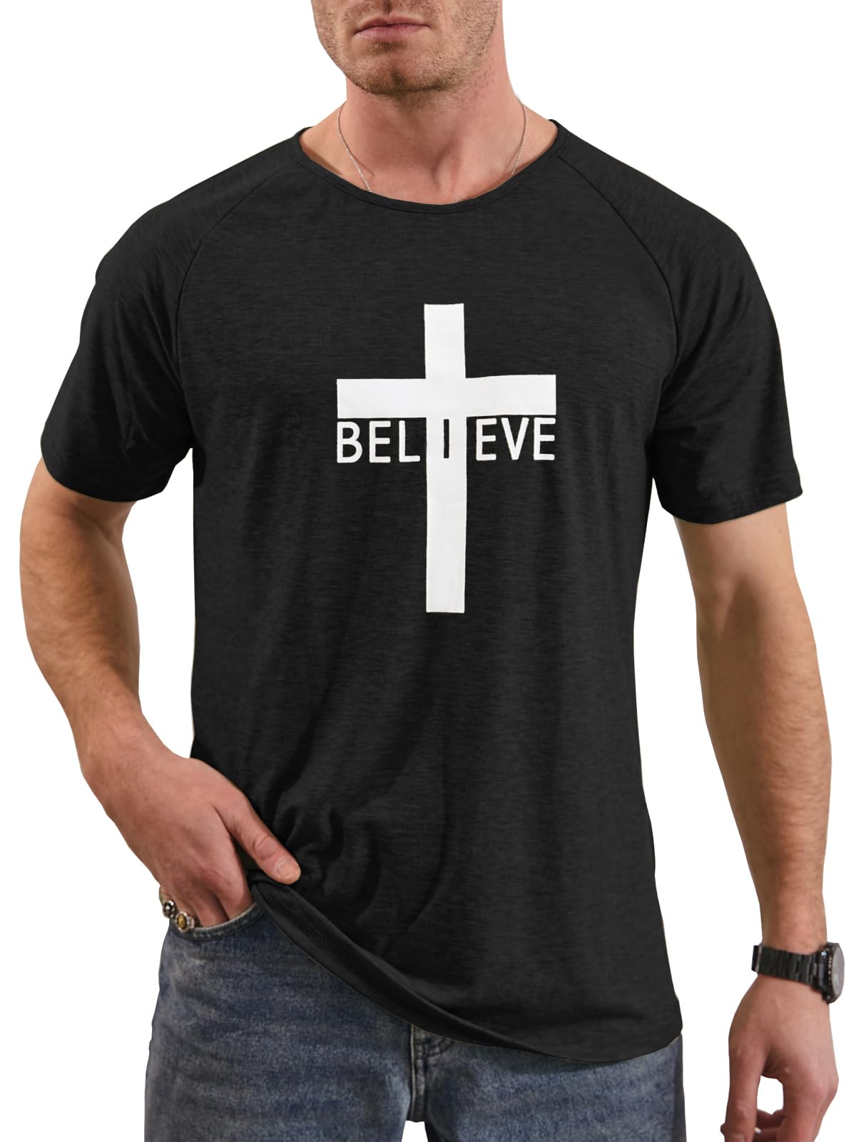 iudam Men's Short Sleeve Crewneck Graphic Tee Believe Cross Print Christian Shirts Workout Shirts