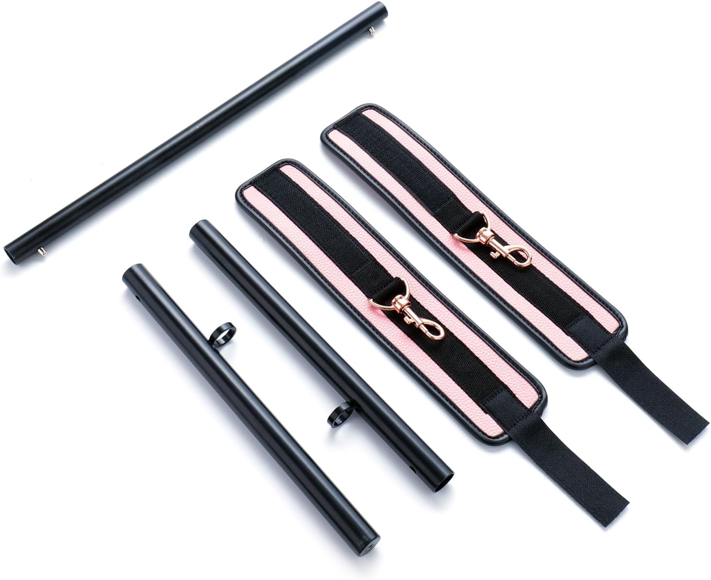 Portable Heavy Duty Stainless Steel Expandable Black Spreader Bar with 2pcs PU Pink Adjustable Straps,Workout Bar for Home Gym Training Bar,Exercise Detachable Pilates Kit