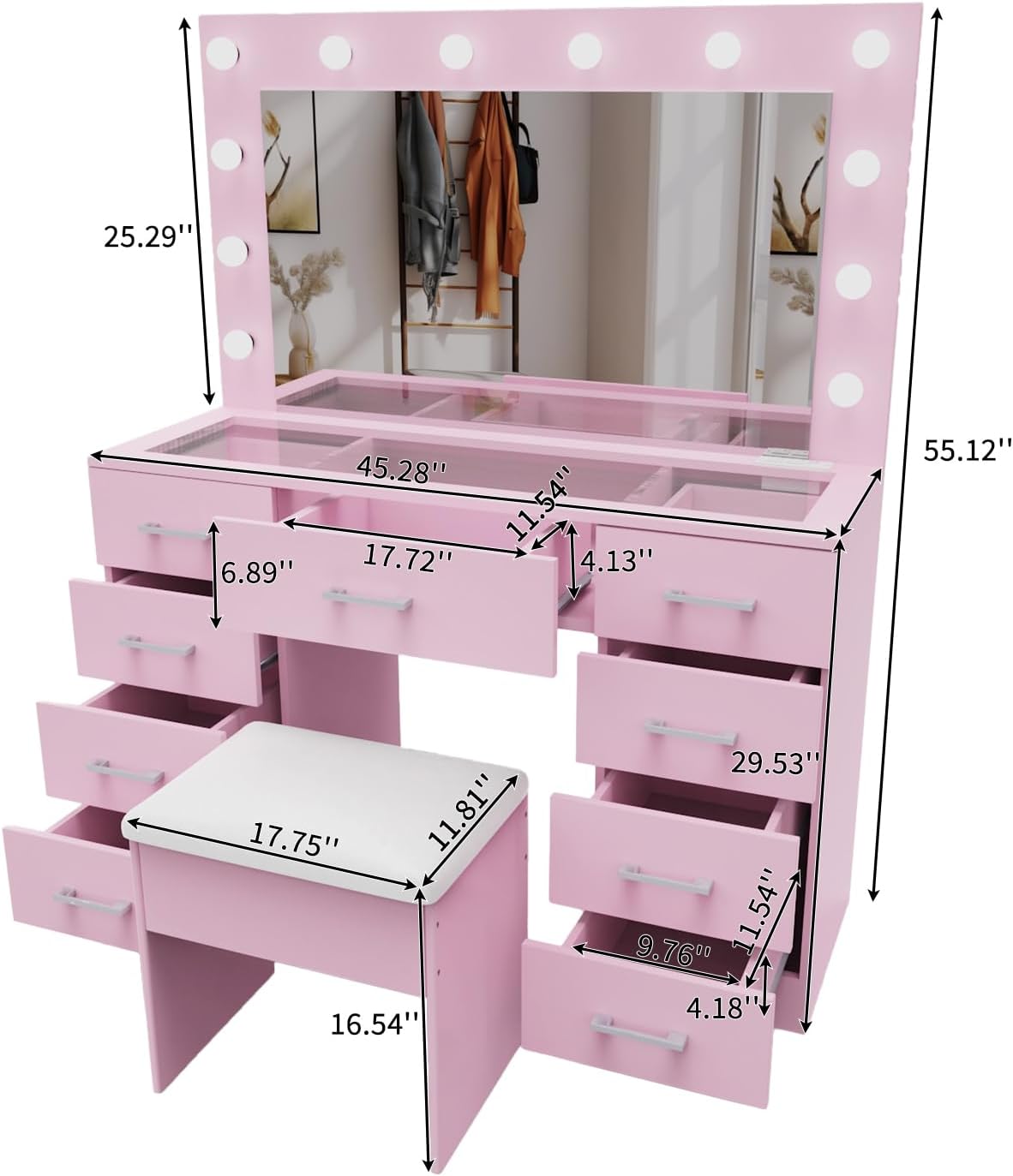 VINGLI Makeup Vanity Desk with Mirror and Lights, Dressing Table with 9 Drawers & Padded Stool, Makeup Table with Glass Top & 12 LED Light Bulbs & Power Outlet for Dressing Room Bed Room, Pink