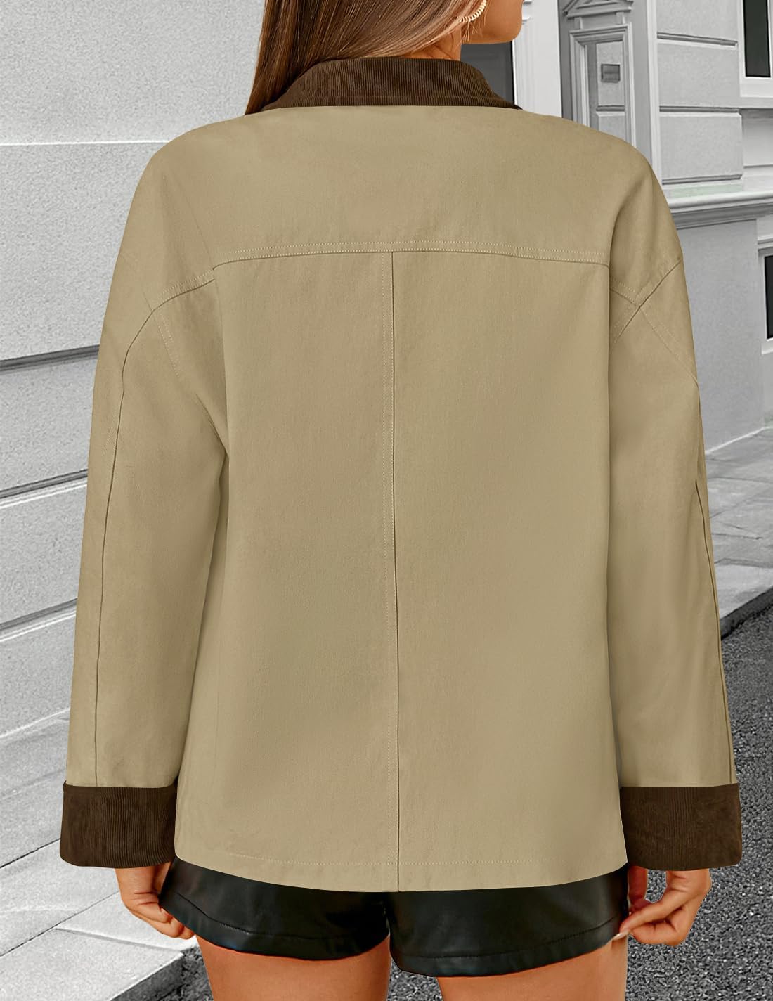 ZESICA Women's Trendy Casual Oversized Barn Jackets 2026 Spring fall Lightweight Contrast Collar Zip Up Cotton Cargo Coat - Image 4