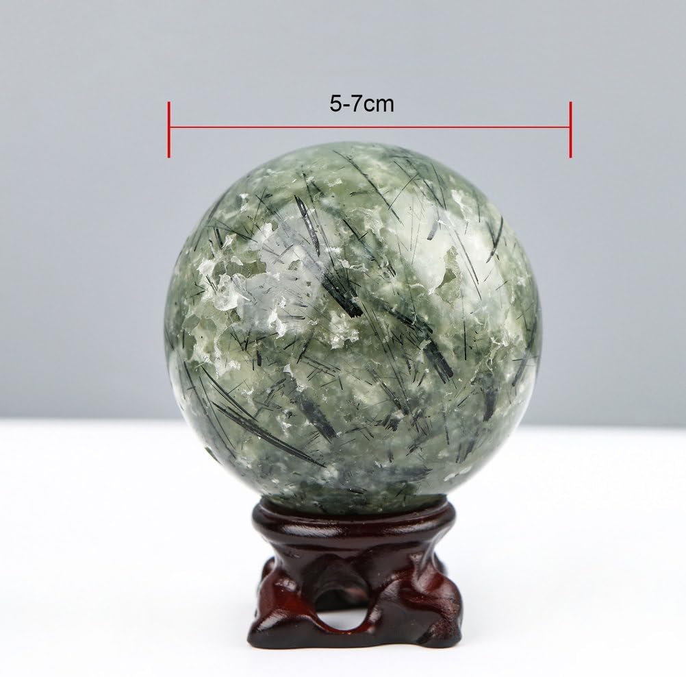 Prehnite Sphere 50-70mm Crystal Ball Decorative Stone Orb with Wood Stand for Home, Office, &,50~60mm