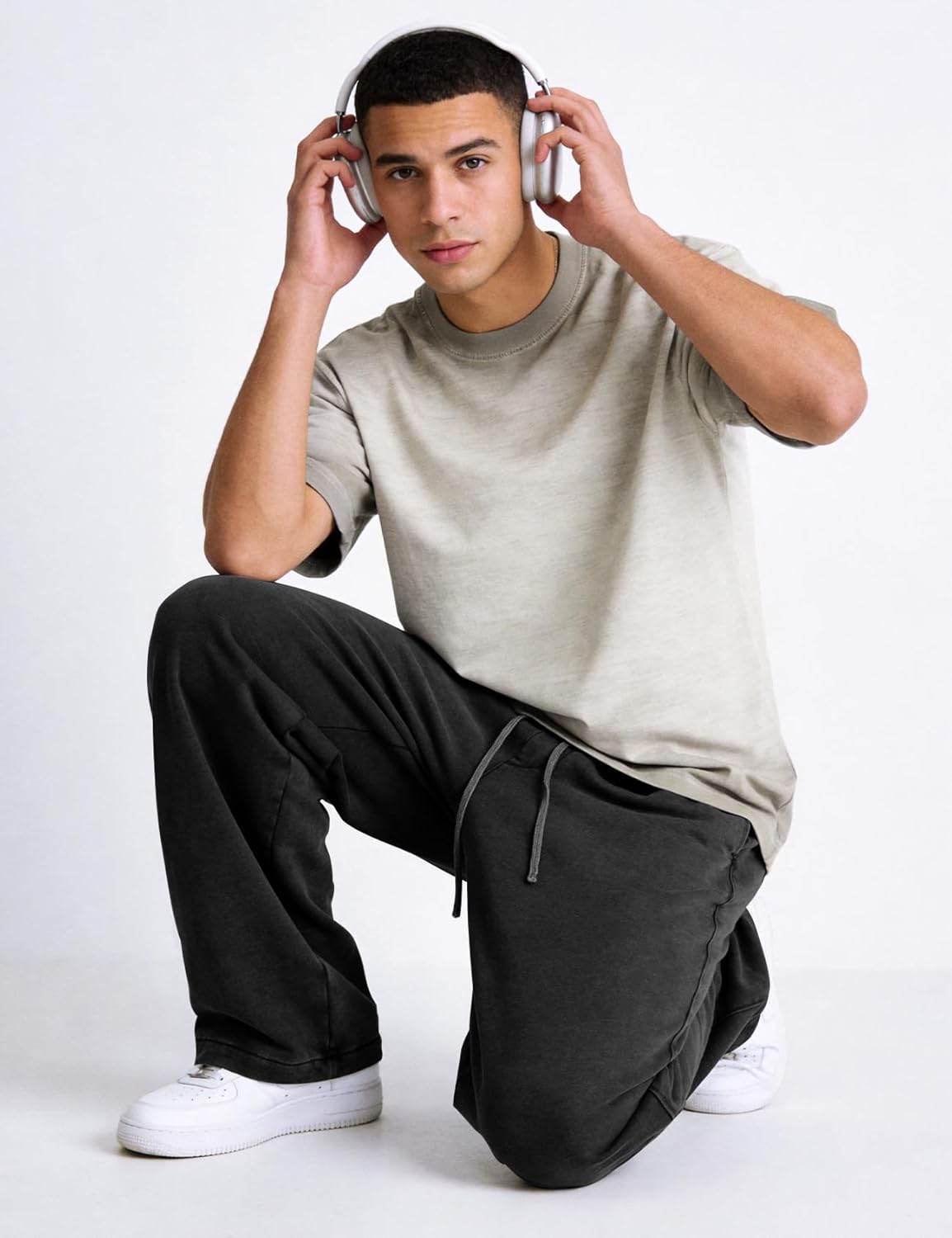 Eisctnd Men's Baggy Wide-Leg Cotton Sweatpants Loose Joggers with Adjustable Cuffs Drawstring Waist for Lounge Athletic