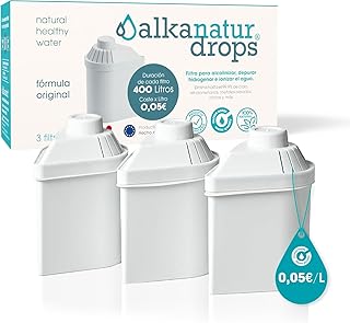 Pack 3 Filtros de Agua Alkanatur Drops Ecológicos - Depura Alcaliniza Hidrogena Ioniza - Elimina Cloro Metales Pesados Añade Magnesio pH 9 - Cartuchos Libres de Tóxicos - ALKANATUR