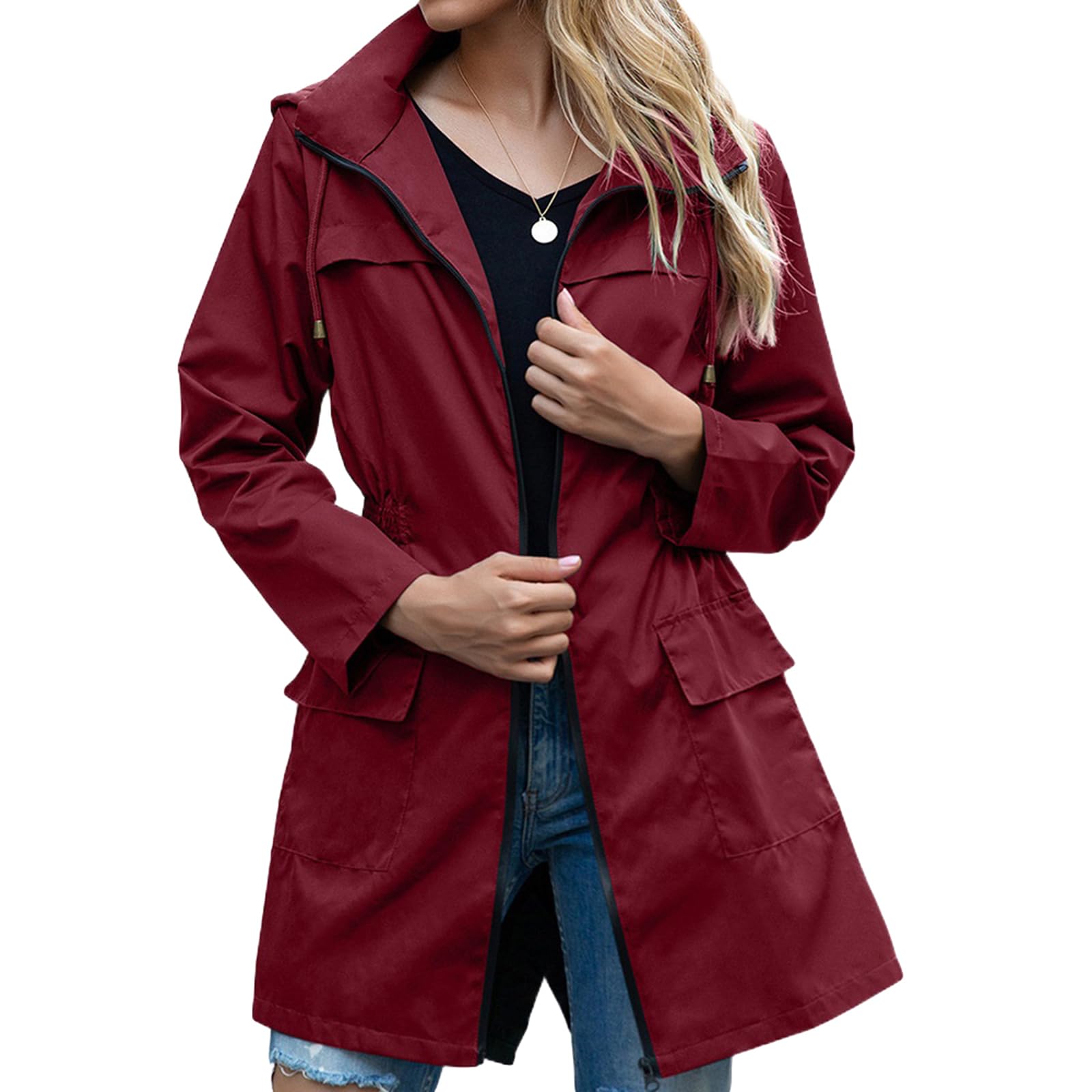 WZTYYDS Women Trench Raincoat with Hood Ladies Lightweight Windproof Windbreaker Light Rain Jacket Waterproof Active Outdoor (Wine Red, XL)