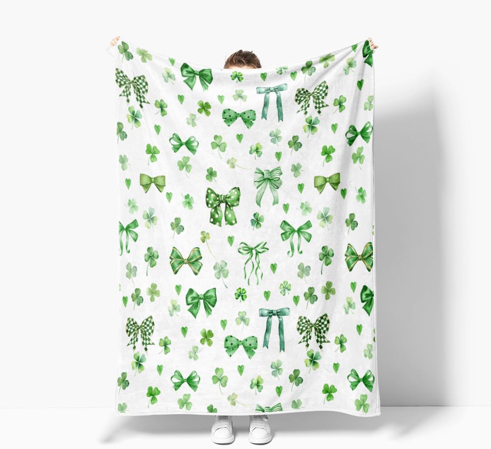 St Patricks Day Bow Throw Blanket, Spring Green Irish Lucky Clover Shamrock Blankets and Throws, Spring St. Patrick's Holiday Soft Cozy Blanket Decor for Bed Couch Living Room and Sofa, 60X90IN