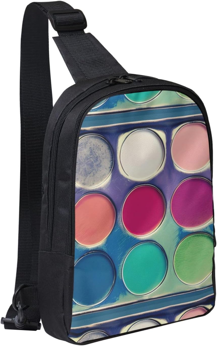 Round Color Palette Adjustable Strap Large Capacity Double Layer Crossbody Chest Bag 7.7x2.4x11.8in For Camping Travel Daily Leisure Activities, Black