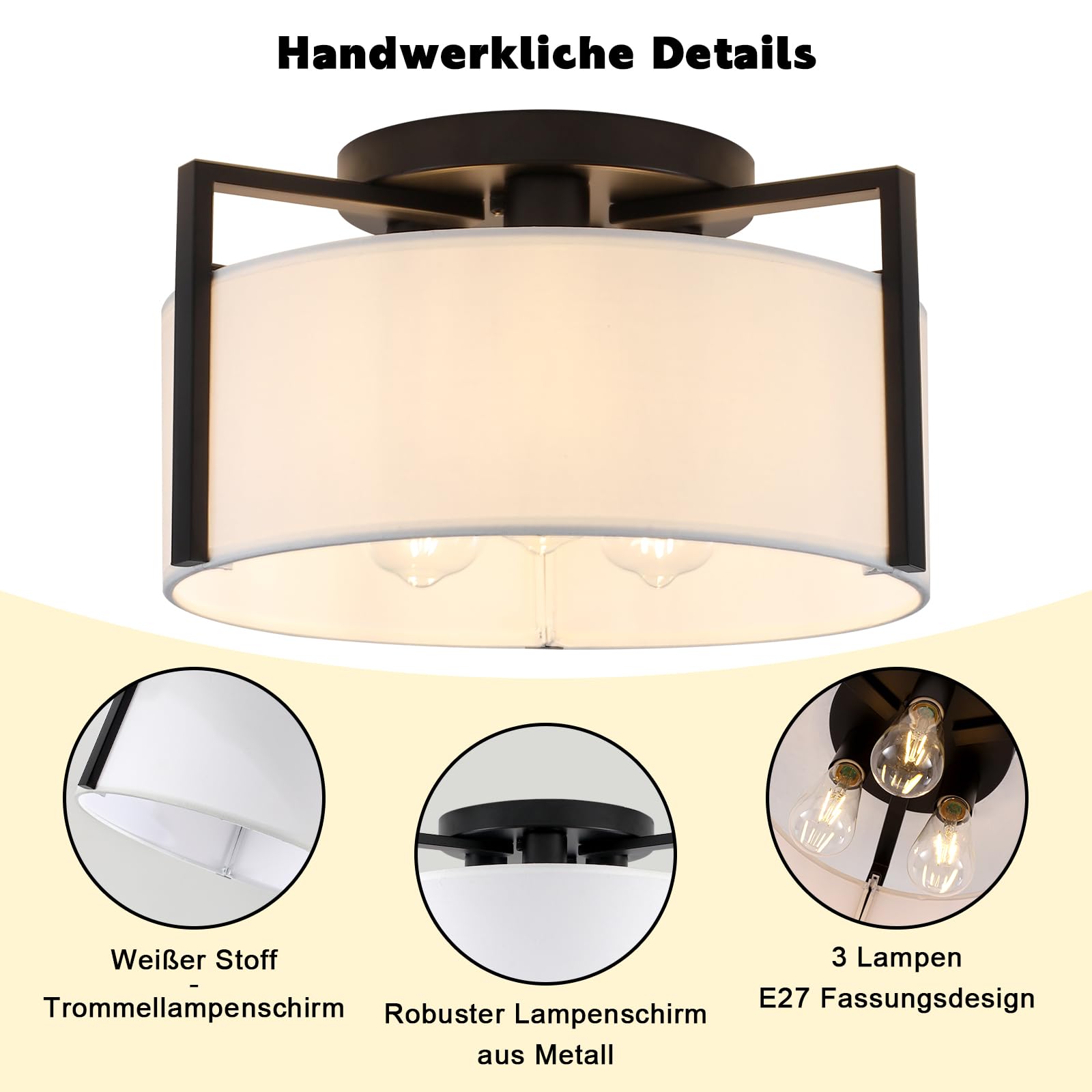 Schwarz Deckenlampe Wohnzimmer, 3 Flammig Deckenlampen mit Stoffschirm, E27 Schwarz Deckenleuchte, Ø 38CM Moderne Deckenlampe Kronleuchter für Küche, Flur, Schlafzimmer, Esszimmer