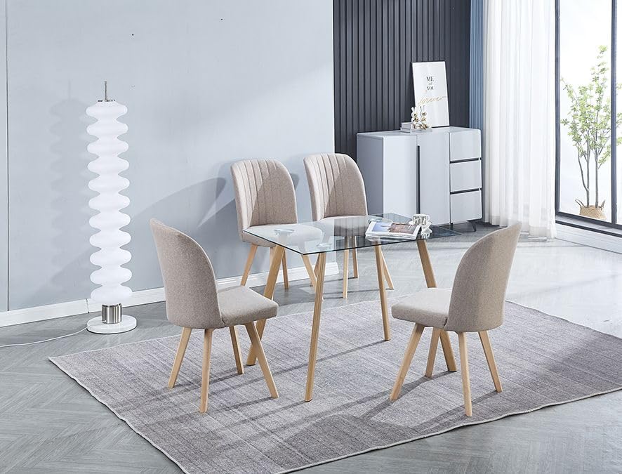 Meyvaser.com Ecommerce Company Conjunto de Comedor – Mesa de Cristal Templado con Patas Color Madera + 4 Sillas Tapizadas en Tela Beig.