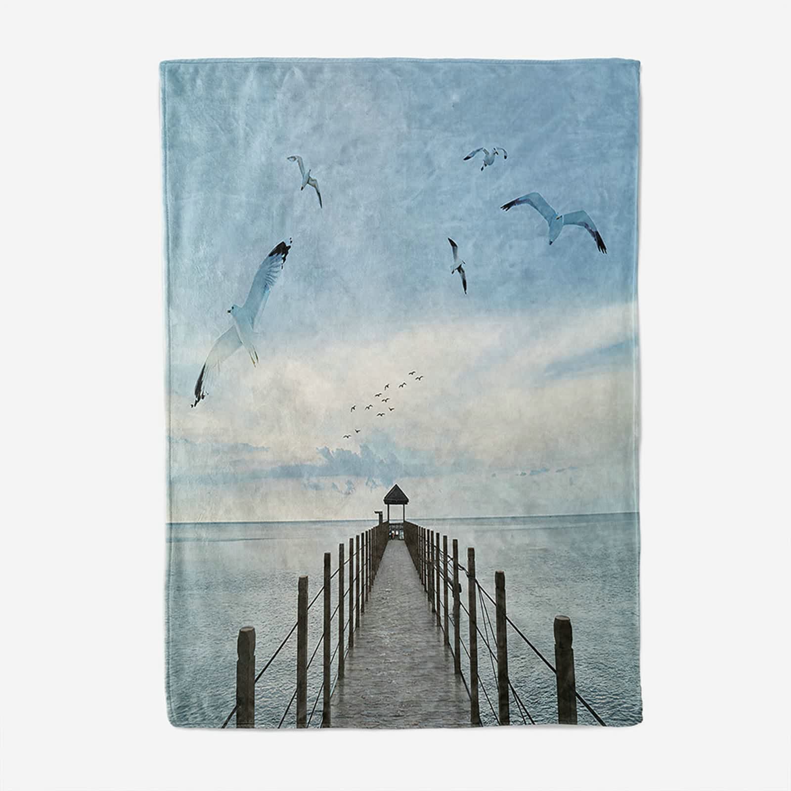 Aeici Koc polarowy, wełniany koc flanelowy 160 x 200 cm promenada nad morzem mewy koc na sofę do salonu łóżko