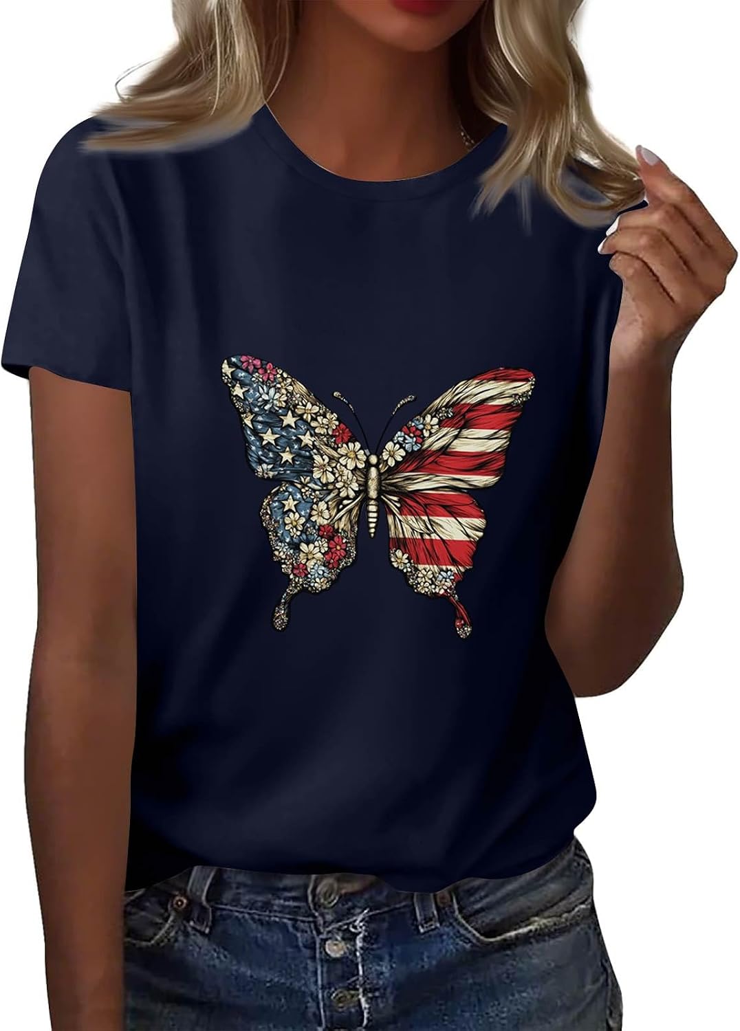 4Th of July Shirts Women USA American Flag Casual Tops Crewneck Patriotic Basic Tees Short Sleeved T-Shirt
