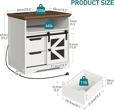 RALGEND Farmhouse End Table with Charging Station, Sofa Side Table with 2 Drawers and Barn Door, Rustic Wooden Nightstand Bedside Table for Bedroom, Living Room,White and Walnut