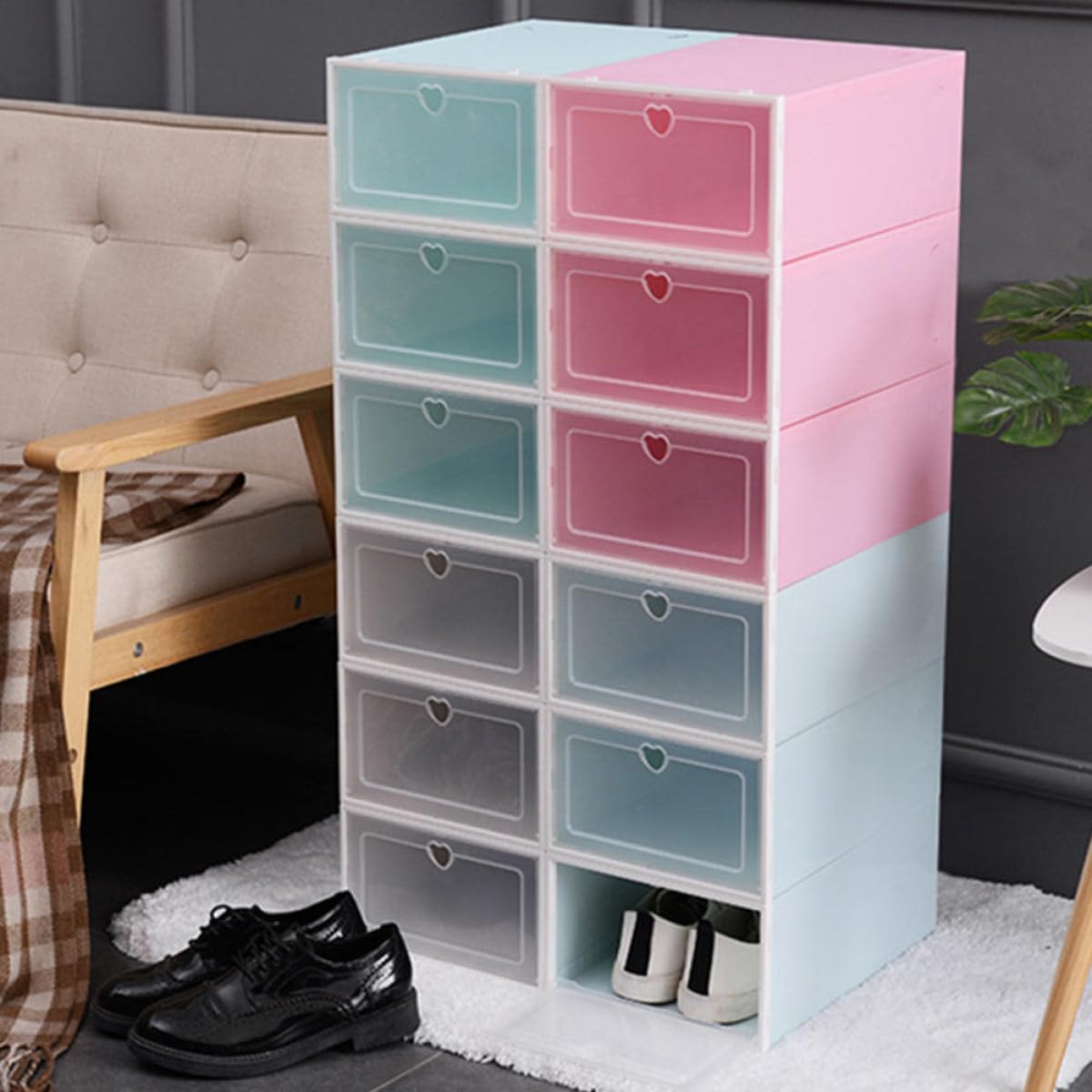 Set da 4 Scatole Porta Scarpe Trasparenti Coperchio Organizzatori per Scarpe in Plastica Spessa Contenitori di Stoccaggio Grandi Capacità per Casa e Armadio Design a Cassetto