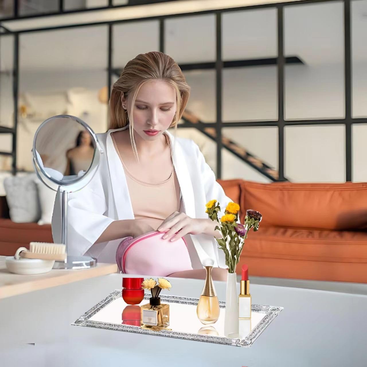 Glass Mirror Vanity Tray,Long Crushed Diamond Filled Crystal Glass Cosmetic Makeup Tray, Sparkle Perfume Jewelry Trinket Decorative Tray, for Home Party Hotel Dresser Bathroom Bedroom, Silver