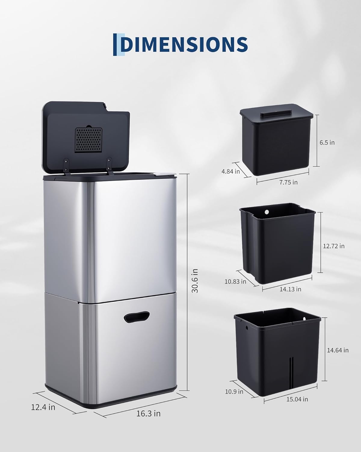 16 Gallon Dual Compartment Kitchen Trash Can – Stainless Steel Recycling & Garbage Bin Combo, Removable Buckets, Odor Control, Fingerprint-Proof, Pull-Out Bin on Wheels, Compost Bin, Silver