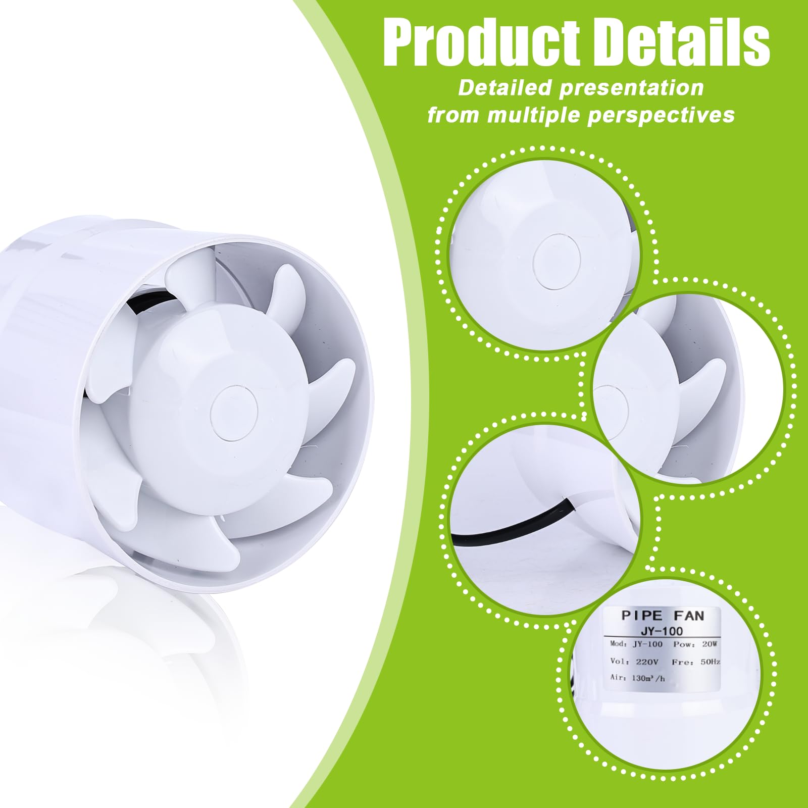 Extracteur d'air silencieux 100mm, 12W/130m³, ventilateur axial économe en énergie, pour bain, WC, tente, garage, cuisine, toilette
