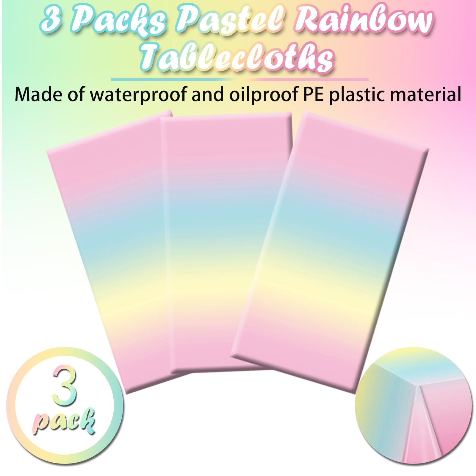 BHEYA 3 Pack Rainbow Tablecloth, Pastel Table Cloths for Parties Rainbow Princess Plastic Table Cloth Birthday Party Colorful Disposable Tablecloth for Pastel Birthday Party Decorations 54x108 Inch