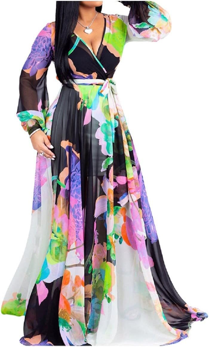 lvenzse Womens Maxi Dress Boho Chiffon Floral Printed Long Party Dresses Plus Size with Belt (FBA) - Image 2