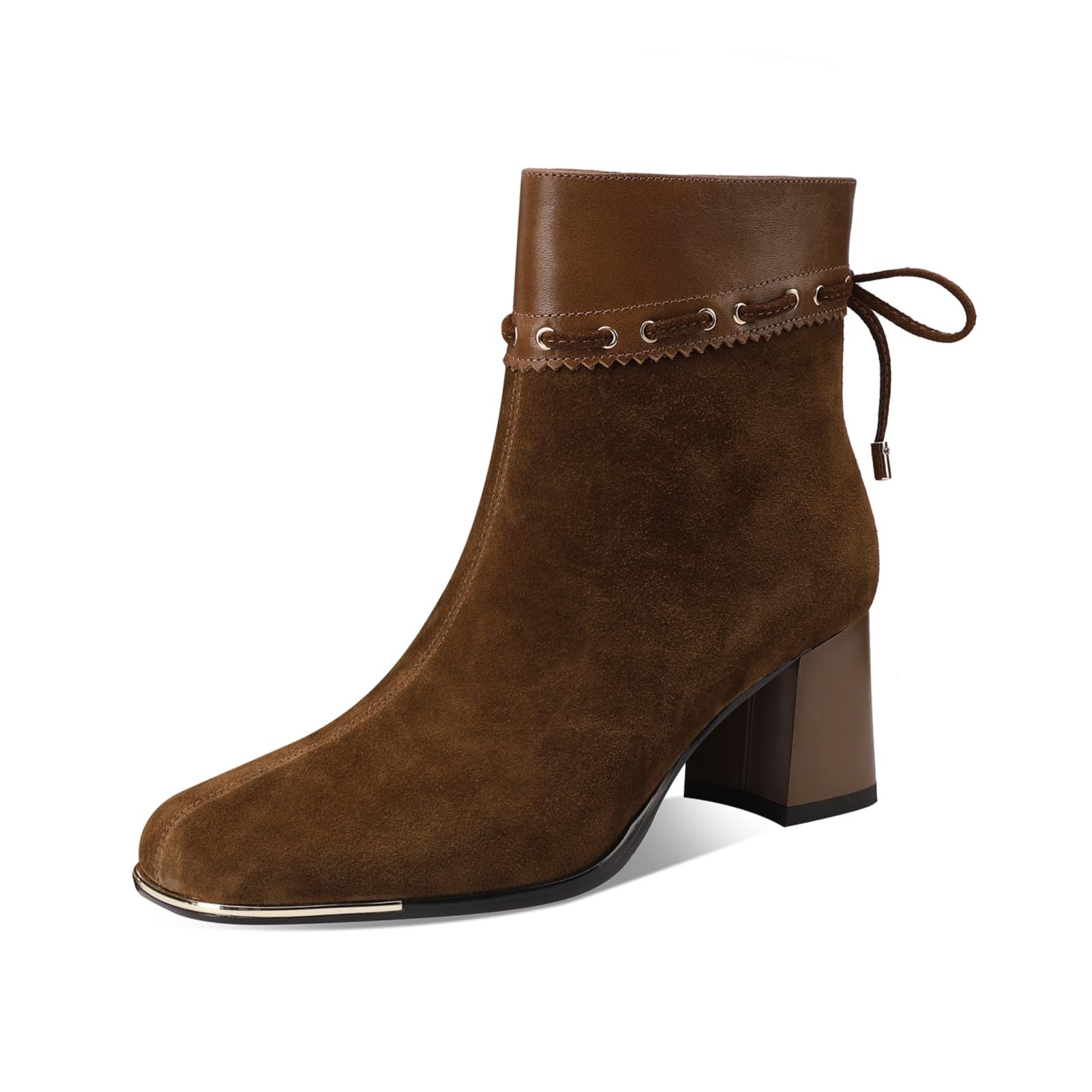 TinaCus Zipper with Lace up Ankle Boots Womens Square Toe Suede Genuine Leather Mid Chunky Heels Handmade Booties