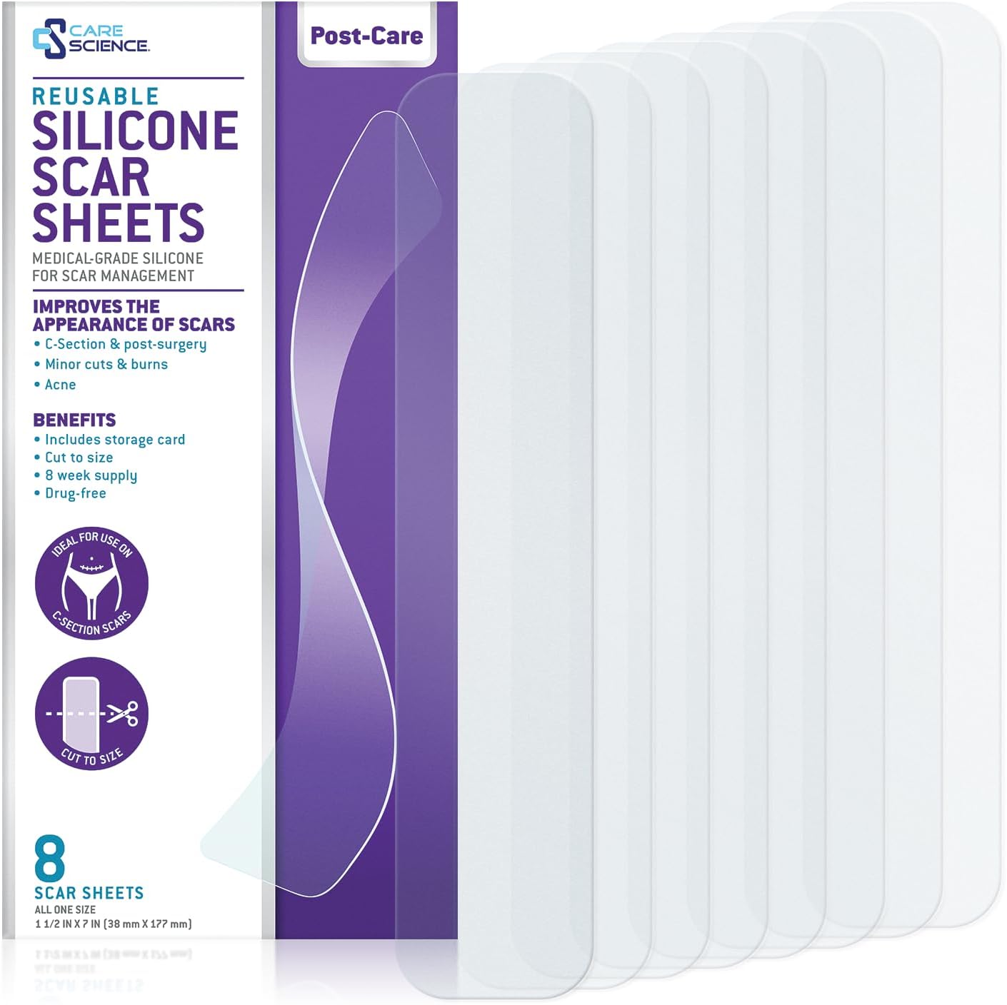 Care Science Silicone Scar Sheets 1.5in x 7in 8ct | Reuseable Scar Sheets for Reducing the Appearance of C-Section, Keloid, and Acne Scars