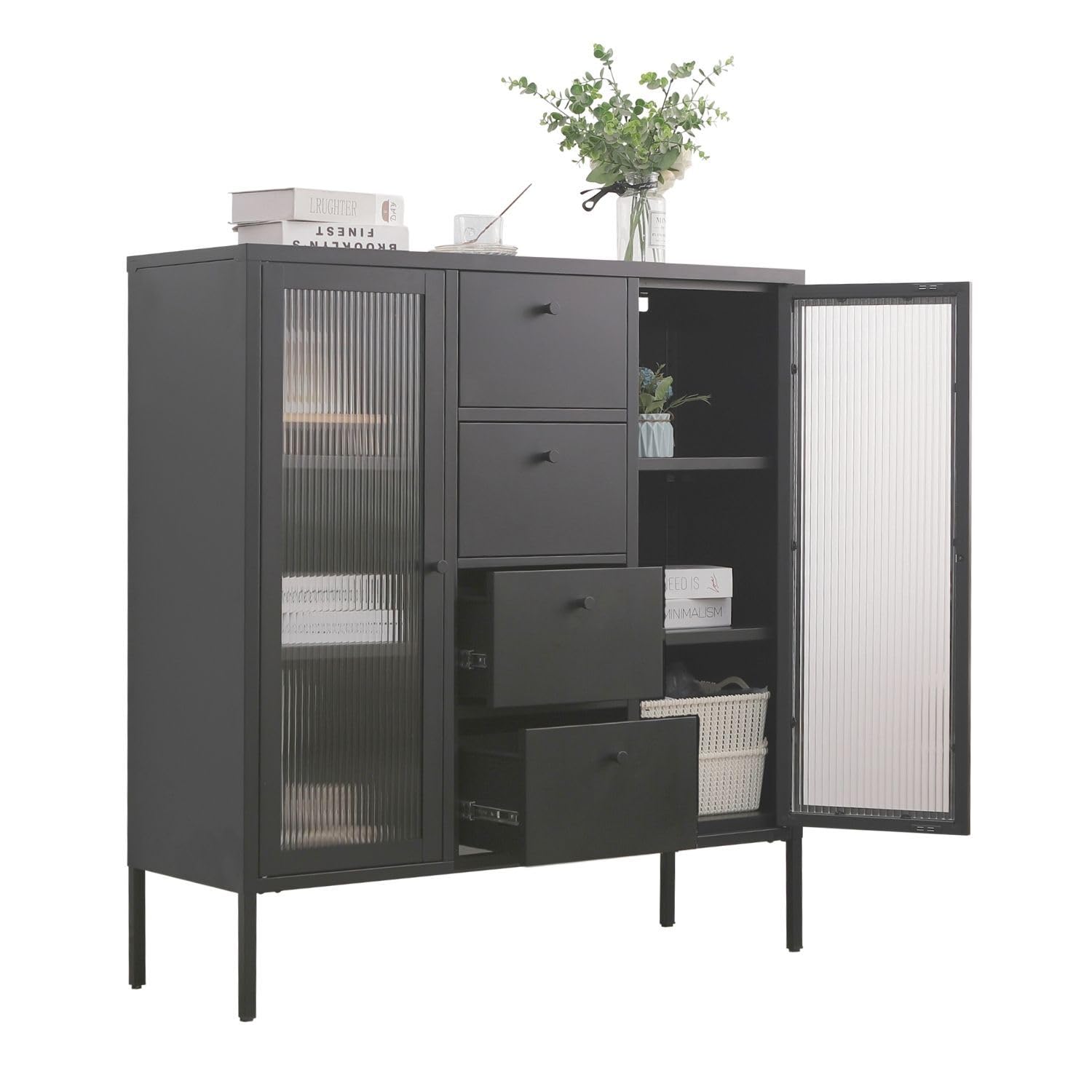 Highboard Paris Schwarz Beistellschrank Wohnzimmer Aufbewahrungsschrank Metall Schrank Ablage und Glastüren, Kommode für Bücher und Deko LxBxH ca. 105x35x110 cm