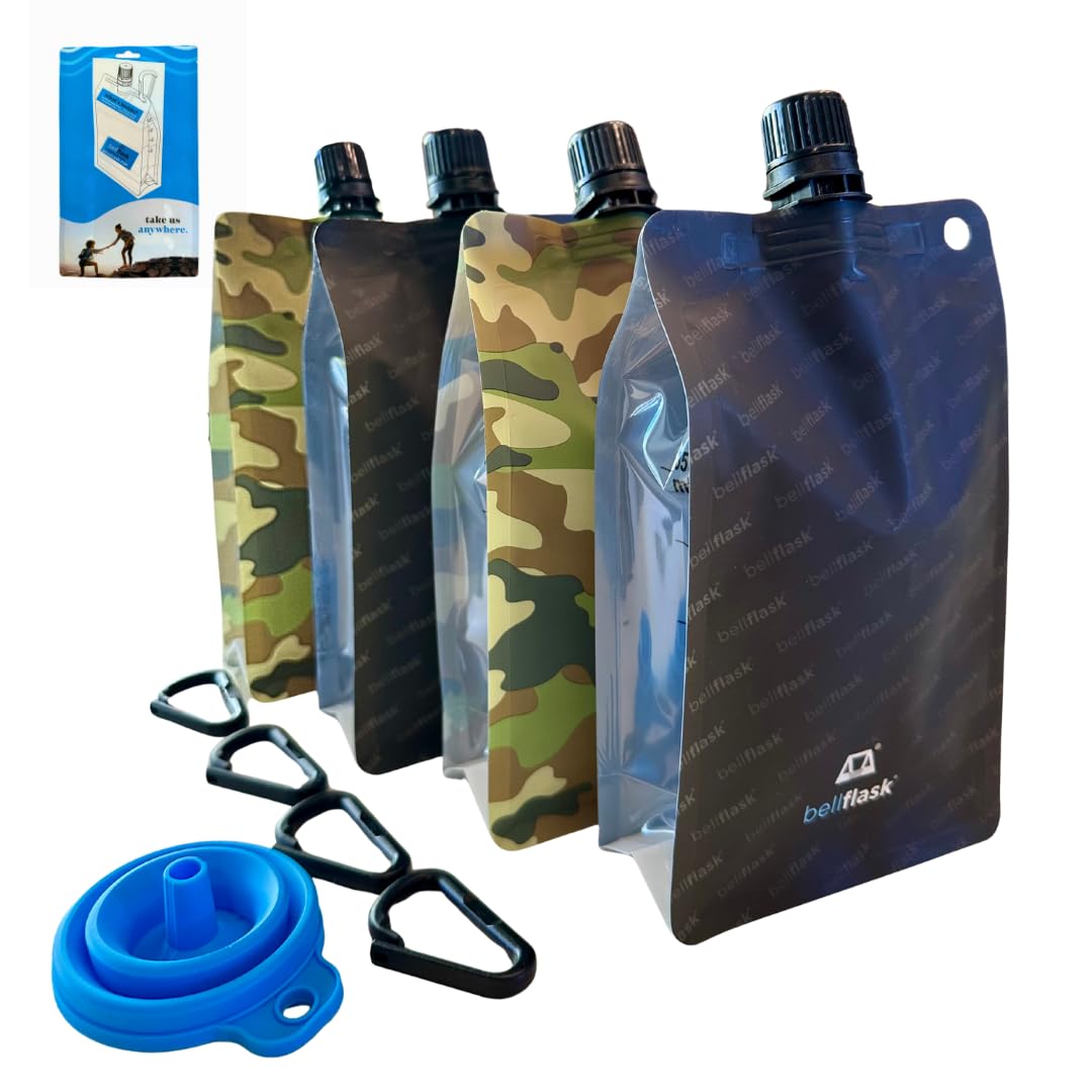 BellFlask - 15 oz. Plastic Flask, Patented, Flexible, Metal-Free, Reusuable, BPA-Free with Carabiner Clip and Filling Funnel