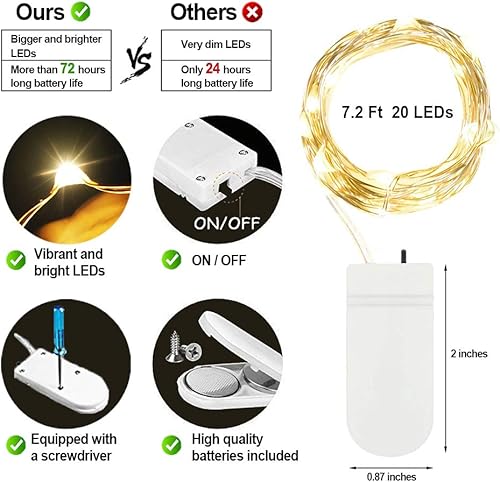 Miniatura 6 de MUMUXI Paquete de 24 luces de hadas con pilas, 20 luces LED impermeables de 7.2 pies, alambre plateado, luces estrelladas de luciérnaga para bodas,