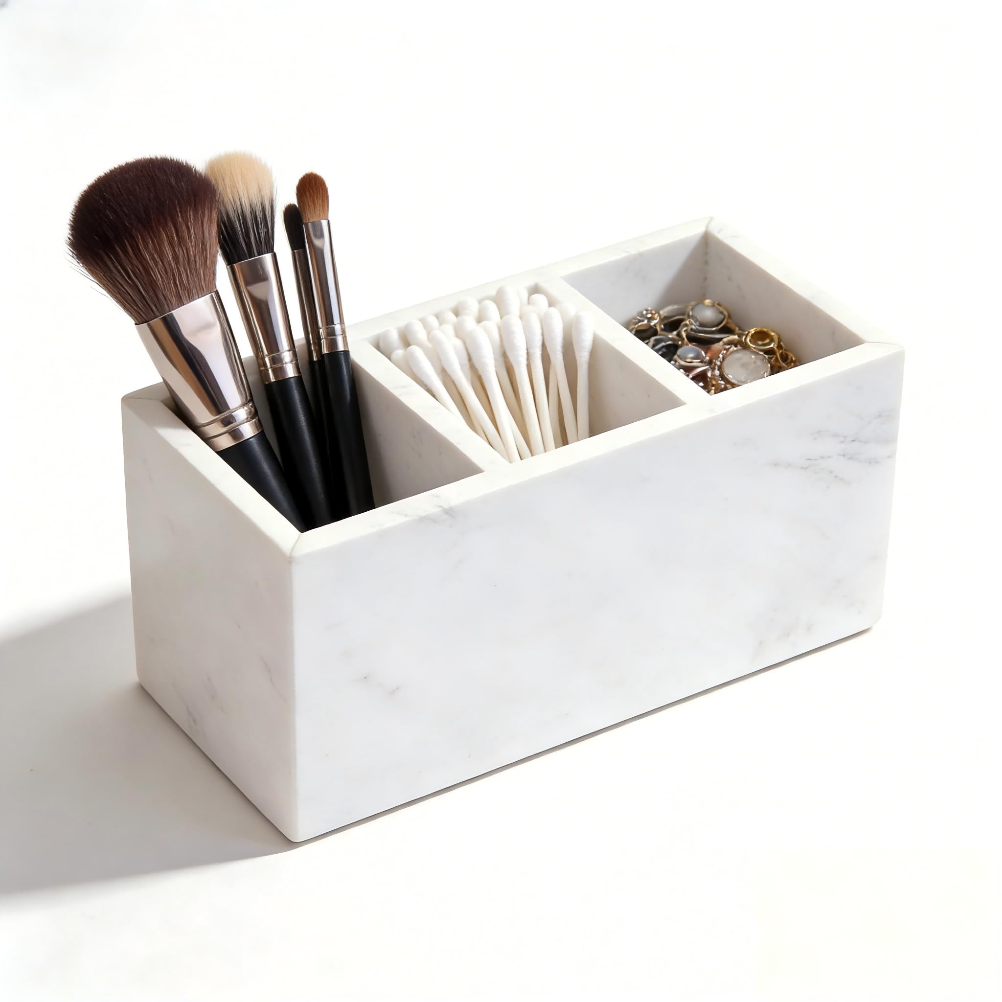 SIRIZEN-DIVING Marble Pen Holder, White Stone, Rectangular Desktop Organizer for Office Study (white 3 layer)