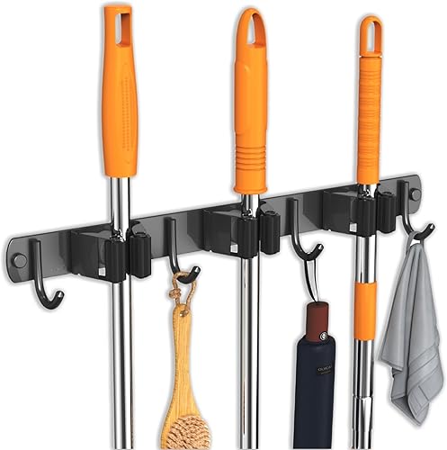 Soporte de pared para fregona y escoba, organizador de escoba mejorado, soporte de pared de acero inoxidable para decoración de cocina, jardín,