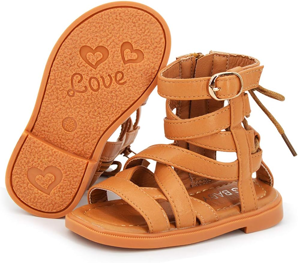 LAFEGEN Toddler Baby Girl Gladiator Sandals Side Zipper Non Slip Open Toe Infant Kids Knee High Roman Sandal Summer Dress Shoes